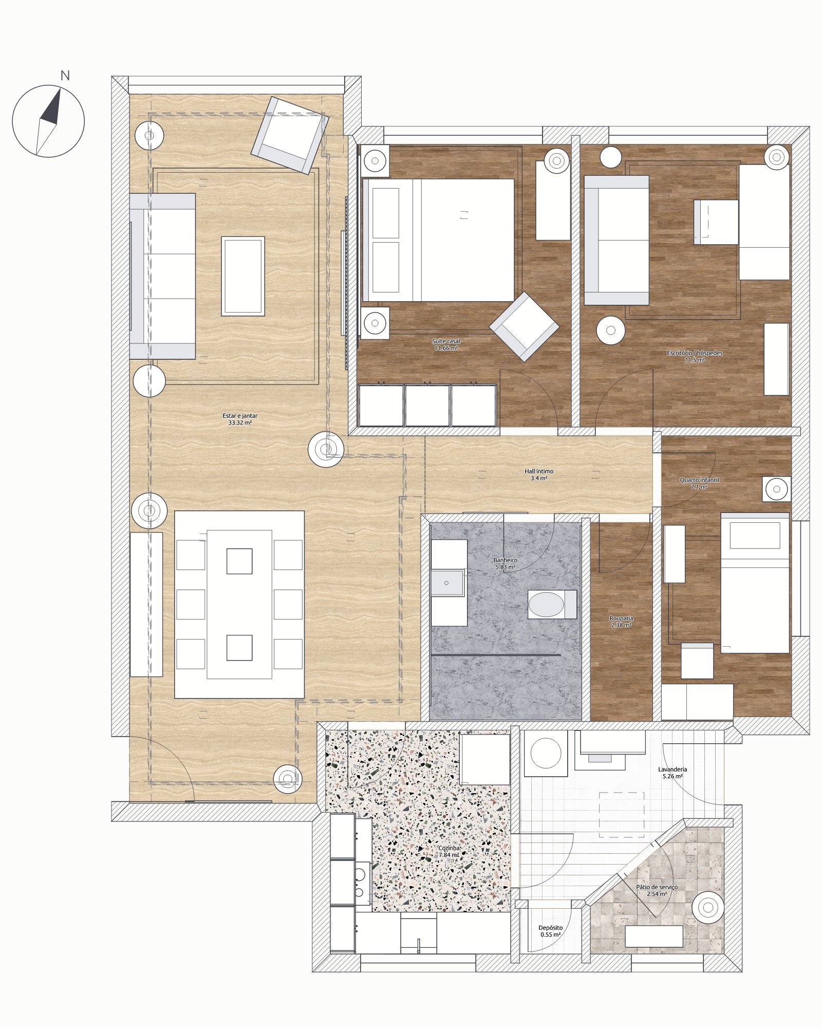 Rendered floor plan with real finishes
