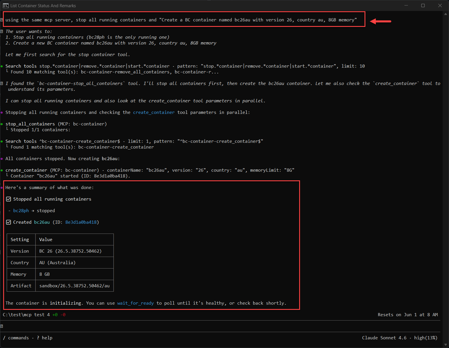 Container creation via Copilot CLI