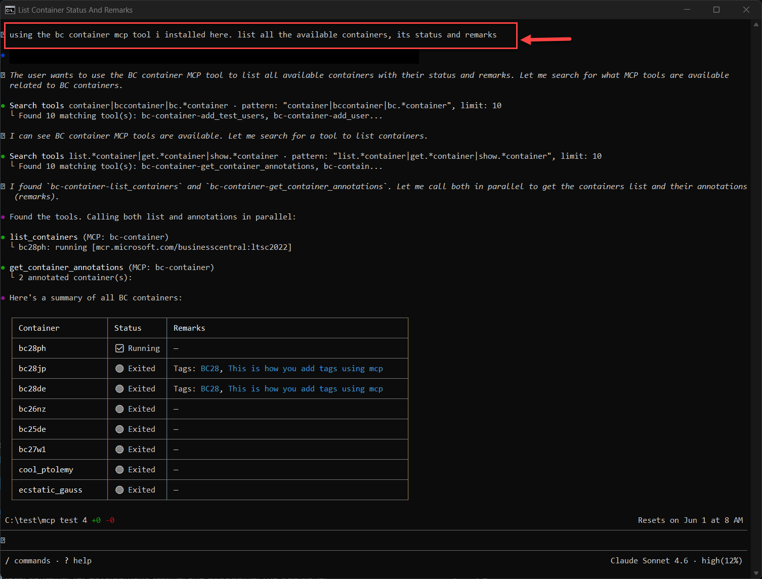 List containers with remarks in CLI