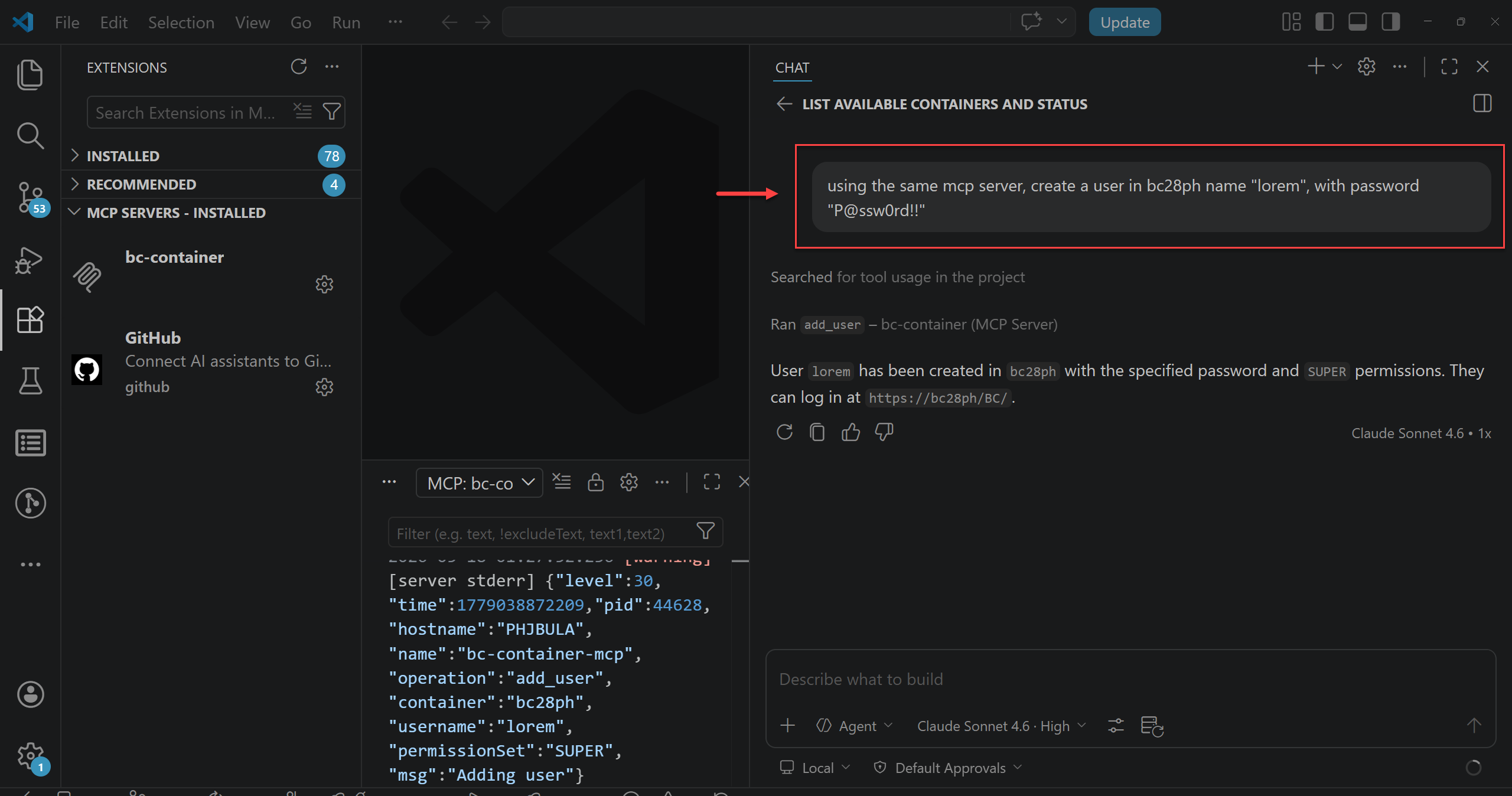 Create user in VS Code