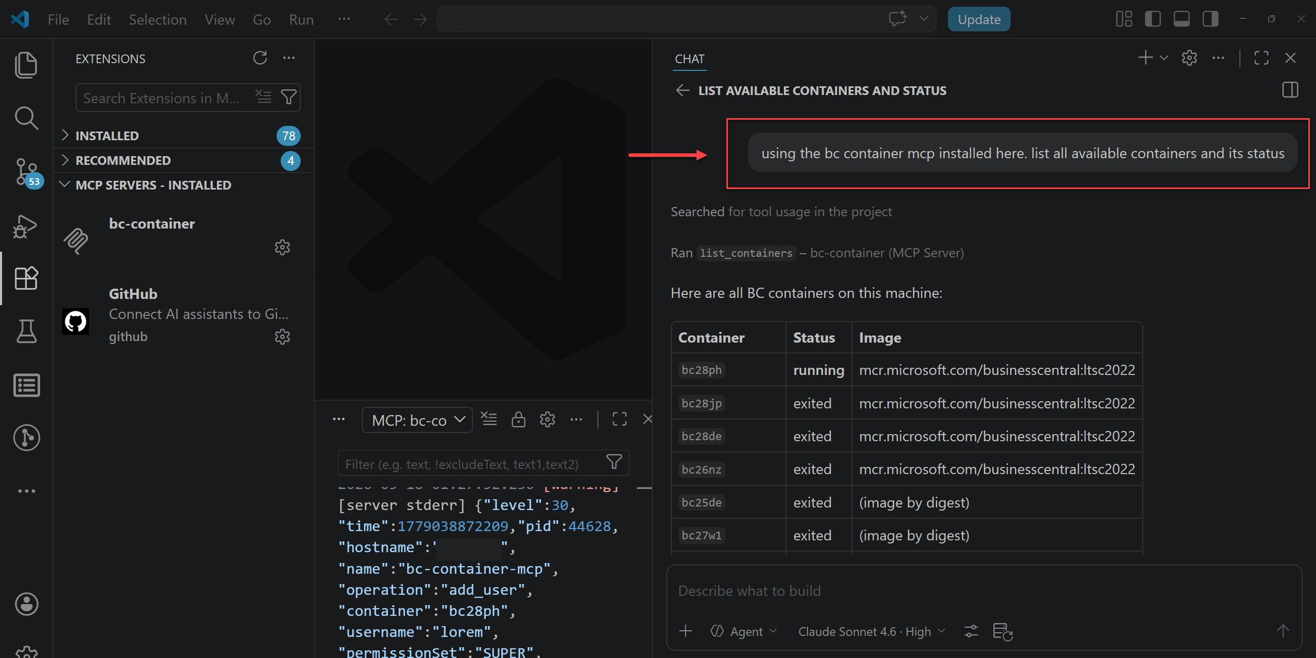 List containers in VS Code