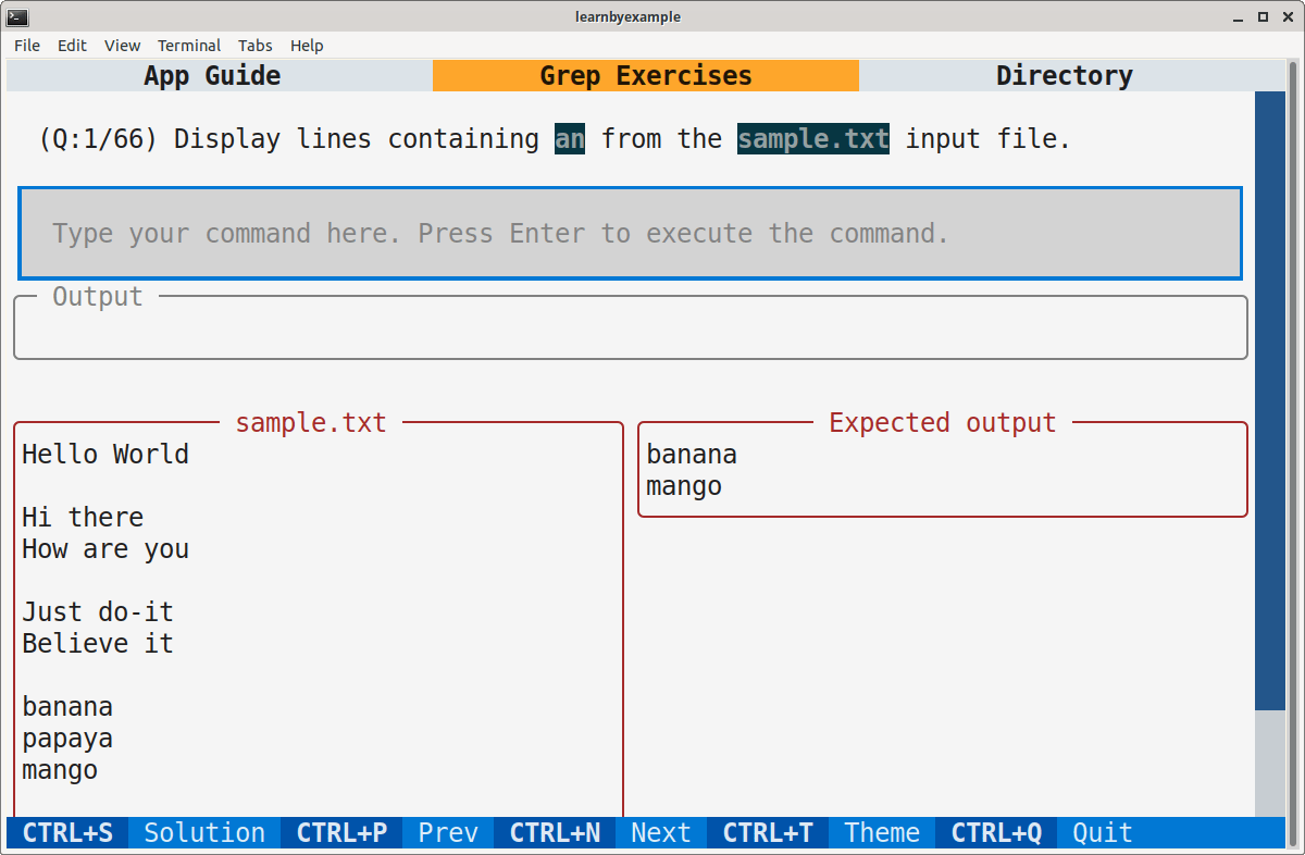 Sample screenshot for GNU grep exercises