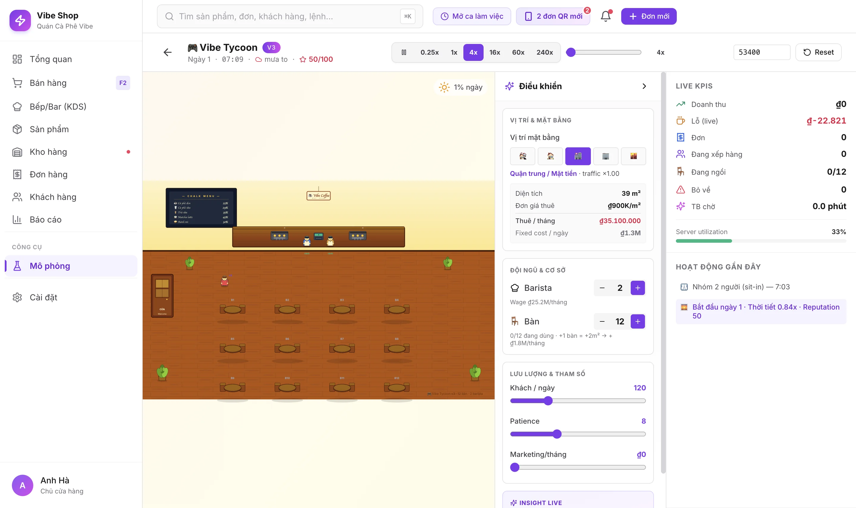 Chế độ Tycoon — vận hành shop ảo nhiều ngày như mini-game