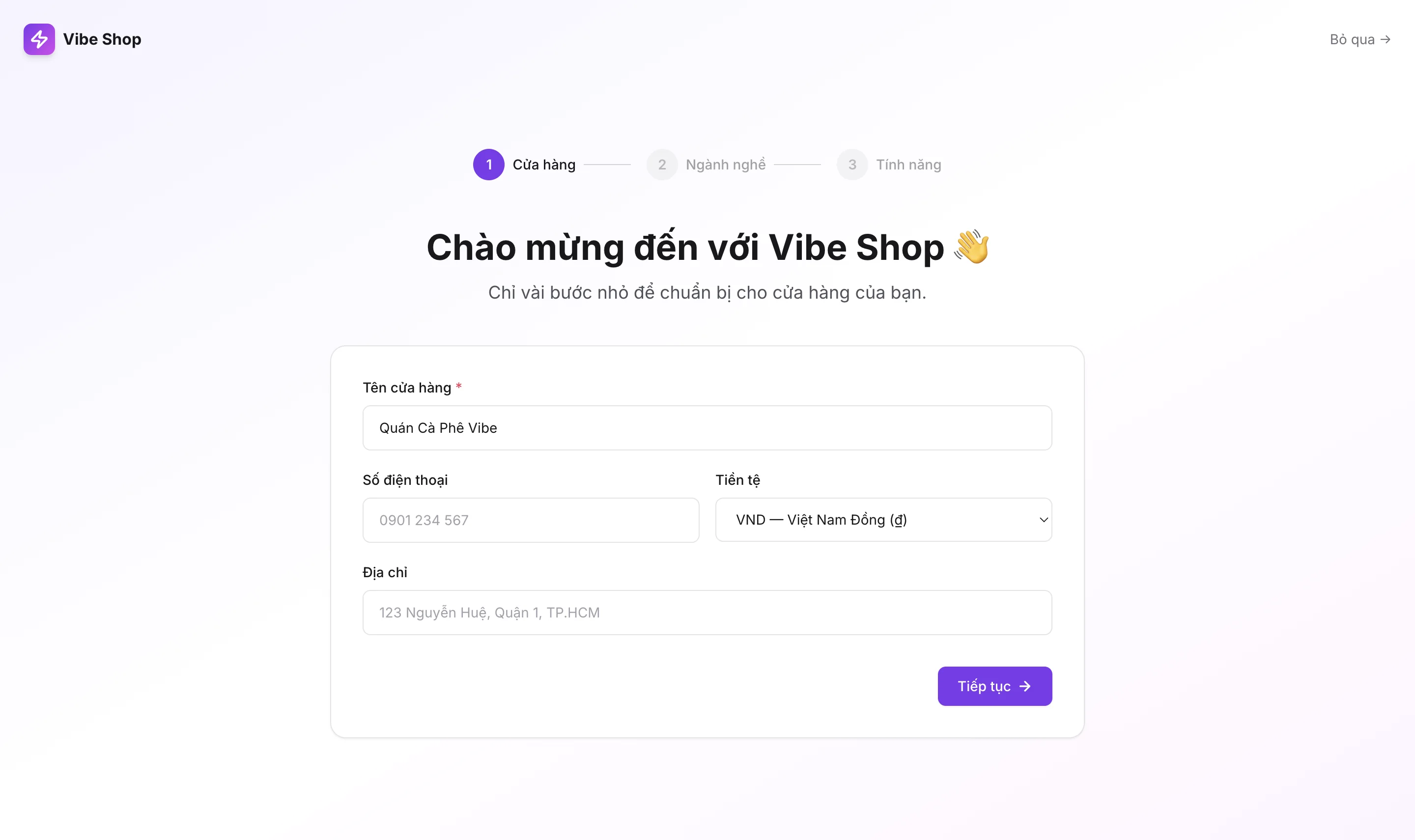 Onboarding lần đầu — chọn ngành (cà phê / quán ăn / thời trang / tạp hoá)
