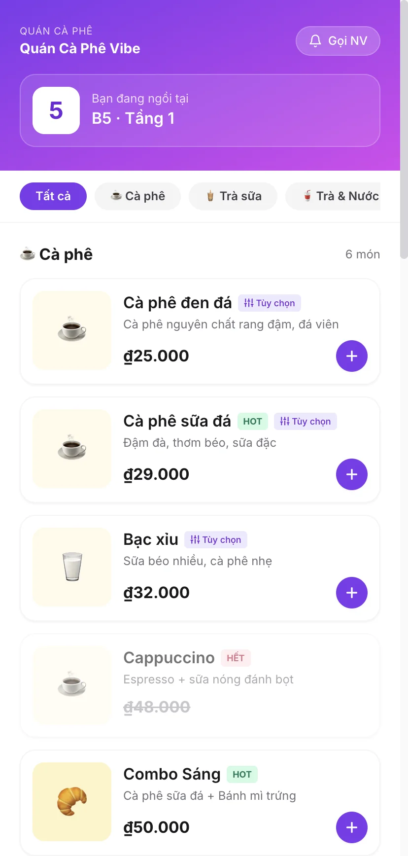 Khách quét QR mở menu trên điện thoại, tự đặt món