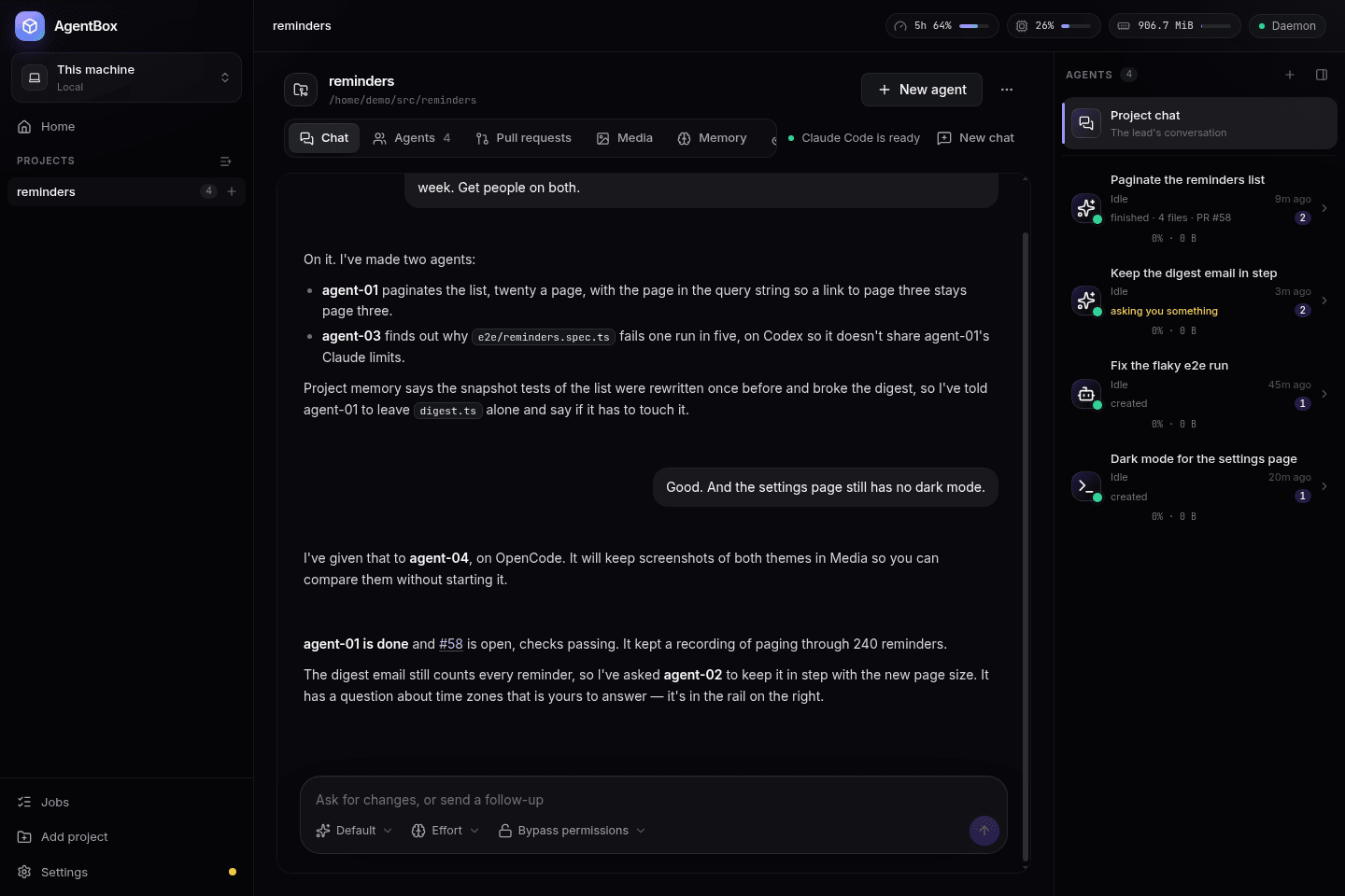 A project's chat directing four agents, with the agents' threads in the rail on the right