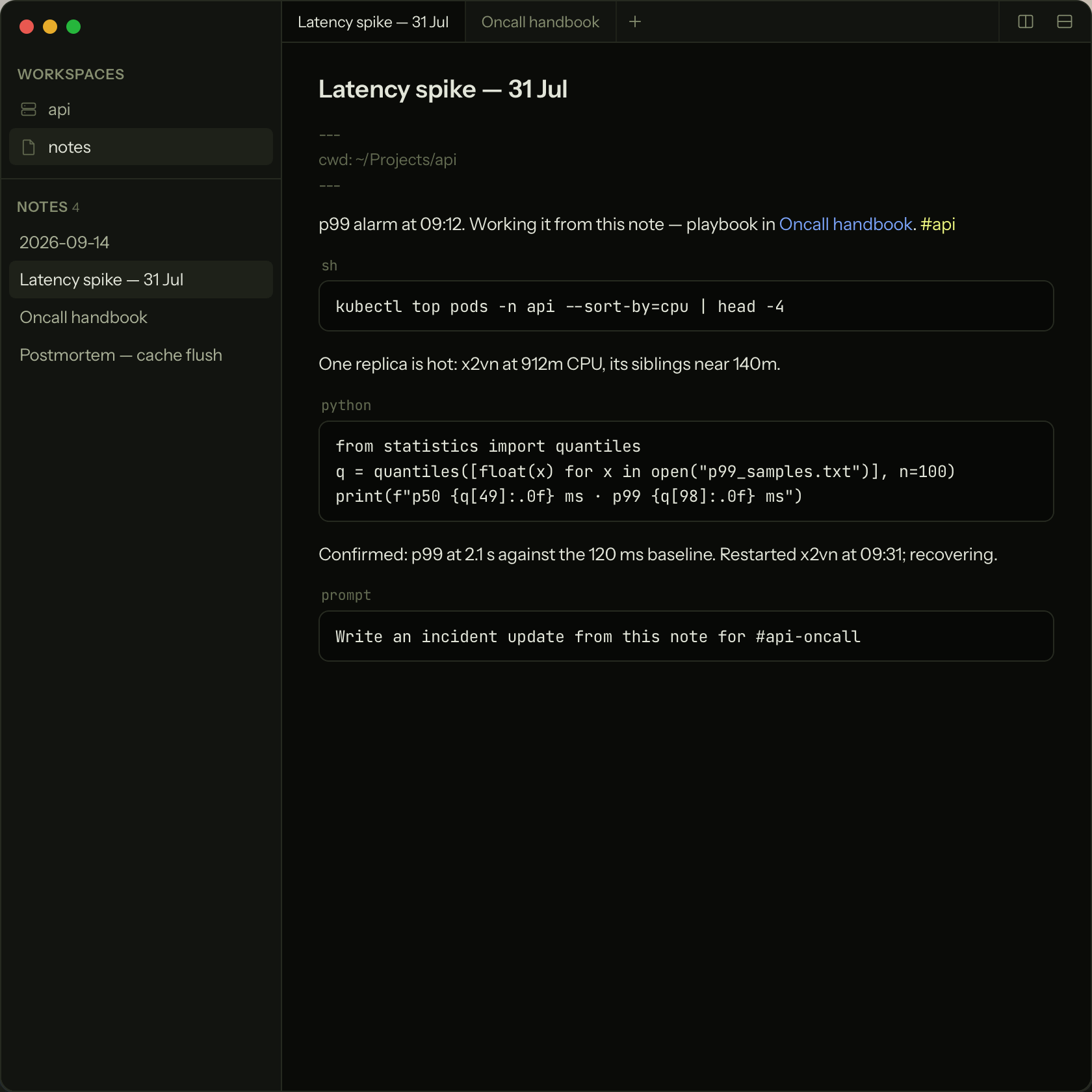A Ledge note whose shell, Python, and prompt blocks run in place, output streaming in beneath them