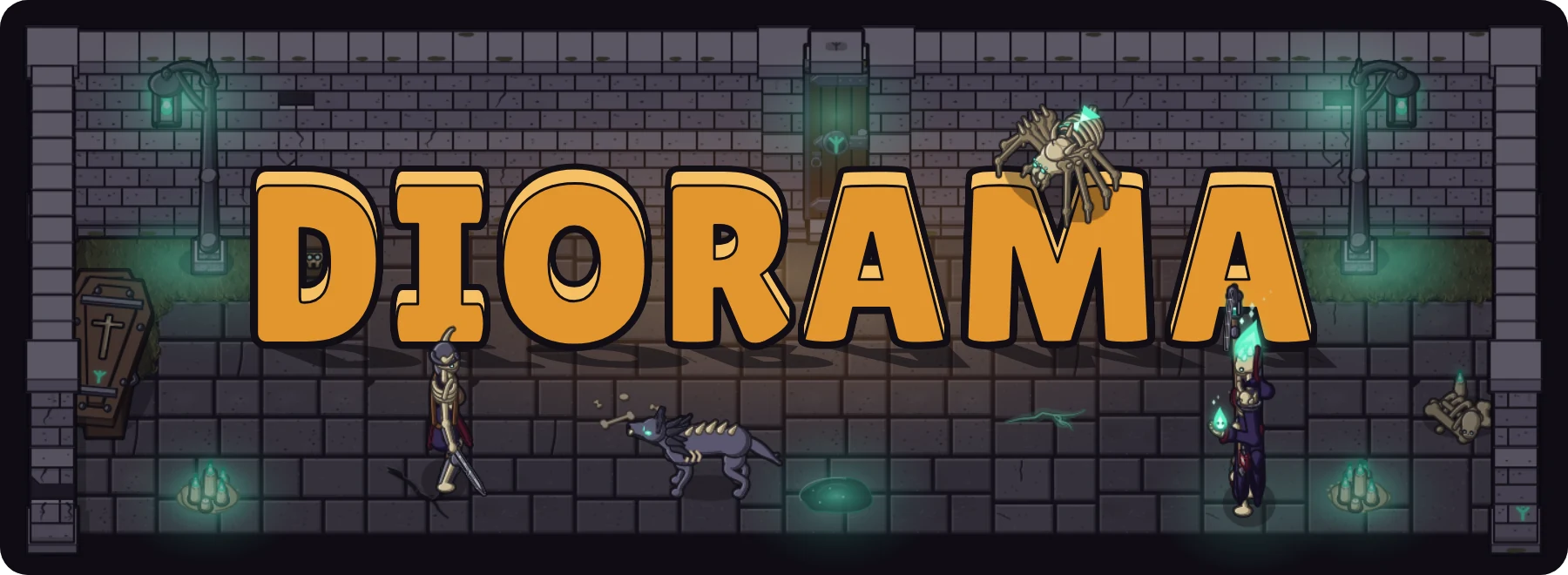 DIORAMA in amber block letters standing in a lit crypt, while a skeleton guard and a wolf fight and a necromancer casts a soul bolt