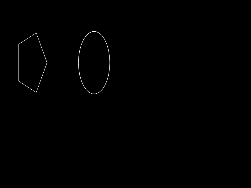 two ellipses on a black screen. The ellipses on the left is made up of less line segments than the ellipses on the right