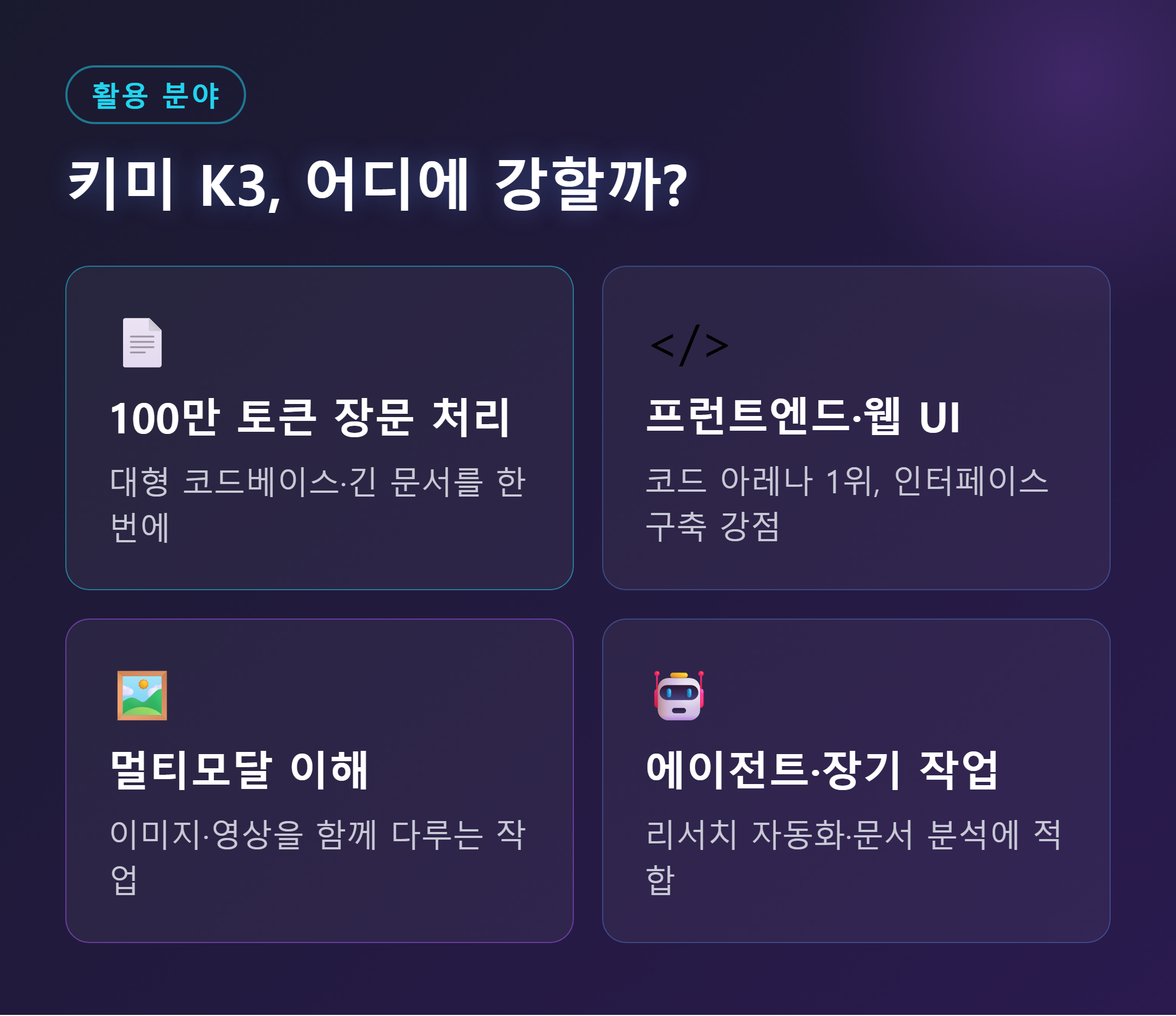 키미 K3 활용 분야 - 100만 토큰 장문 처리, 프런트엔드 웹 UI 구축, 멀티모달 이해, 에이전트 장기 작업