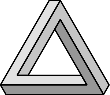 \begin{tikzpicture}[scale=0.25, line join=bevel]
% \a and \b are two macros defining characteristic
% dimensions of the Penrose triangle.		
\pgfmathsetmacro{\a}{2.5}
\pgfmathsetmacro{\b}{0.9}

\tikzset{%
  apply style/.code     = {\tikzset{#1}},
  triangle_edges/.style = {thick,draw=black}
}

\foreach \theta/\facestyle in {%
    0/{triangle_edges, fill = gray!50},
  120/{triangle_edges, fill = gray!25},
  240/{triangle_edges, fill = gray!90}%
}{
  \begin{scope}[rotate=\theta]
    \draw[apply style/.expand once=\facestyle]
      ({-sqrt(3)/2*\a},{-0.5*\a})                     --
      ++(-\b,0)                                       --
        ({0.5*\b},{\a+3*sqrt(3)/2*\b})                -- % higher point	
        ({sqrt(3)/2*\a+2.5*\b},{-.5*\a-sqrt(3)/2*\b}) -- % rightmost point
      ++({-.5*\b},-{sqrt(3)/2*\b})                    -- % lower point
        ({0.5*\b},{\a+sqrt(3)/2*\b})                  --
      cycle;
    \end{scope}
  }	
\end{tikzpicture}