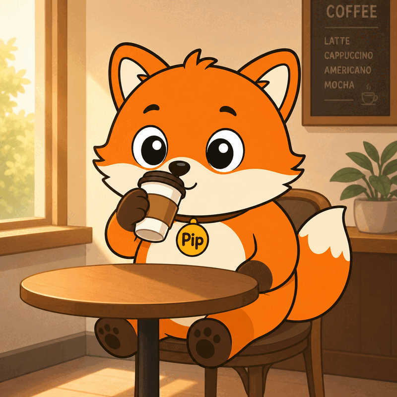 Pip the fox, redrawn in a cafe scene