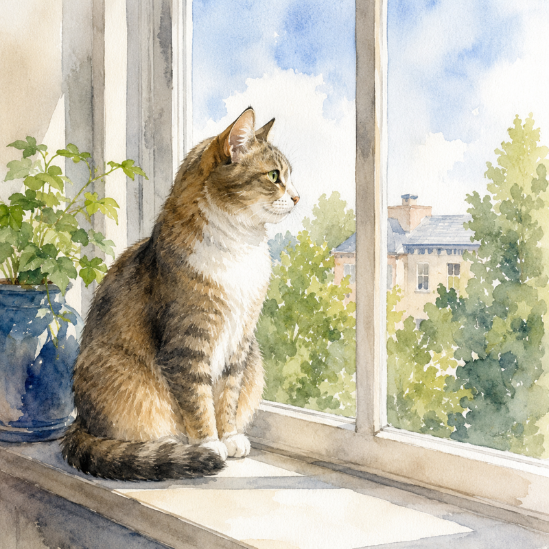 Watercolor cat on a windowsill