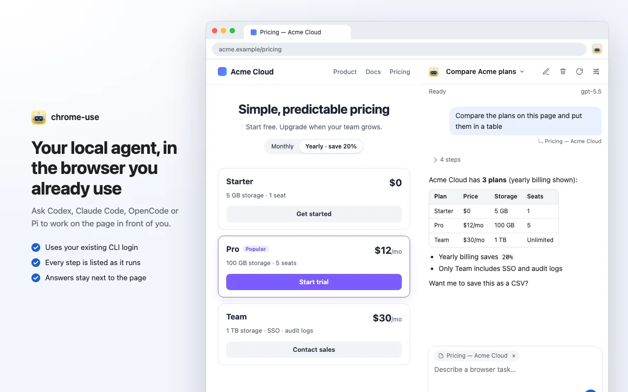 chrome-use side panel: the agent compares the plans on a pricing page and answers with a table