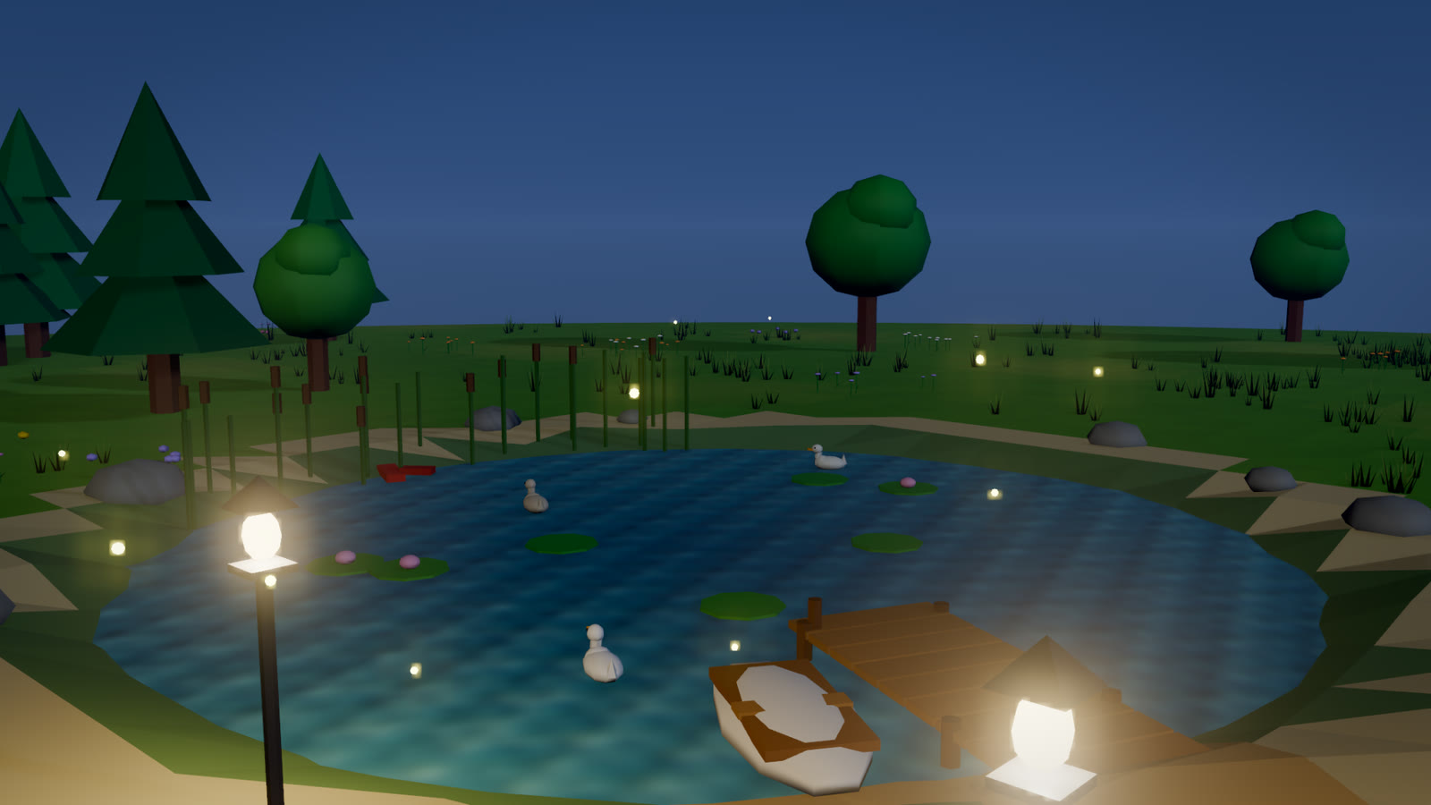 Fireflies glow around a pond with ducks, a small boat and warm lamps at night.