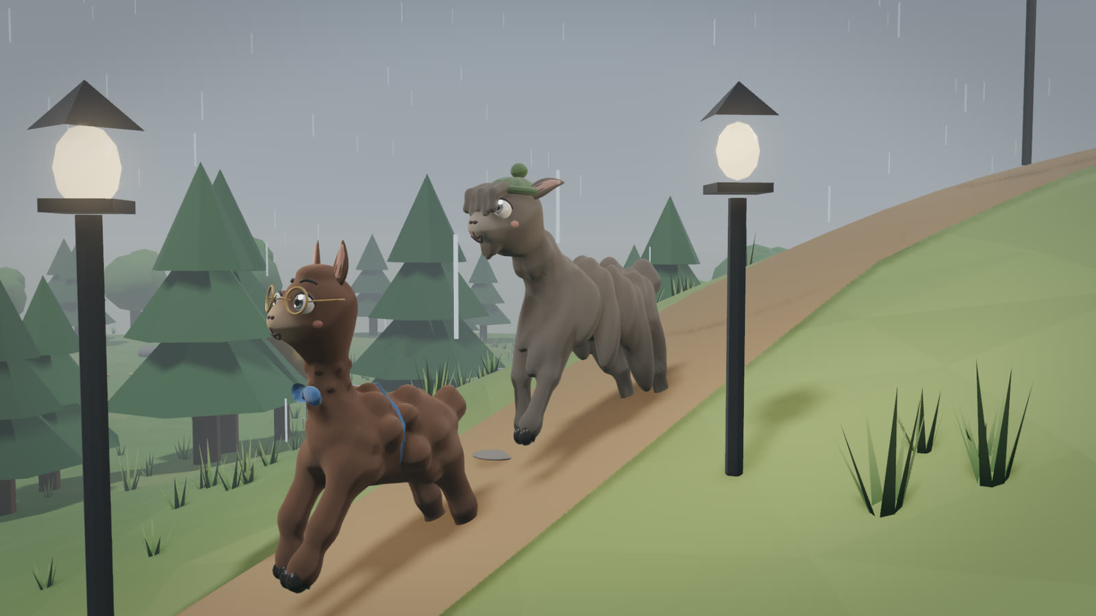 Clover and Bramble run along a village path in the rain.
