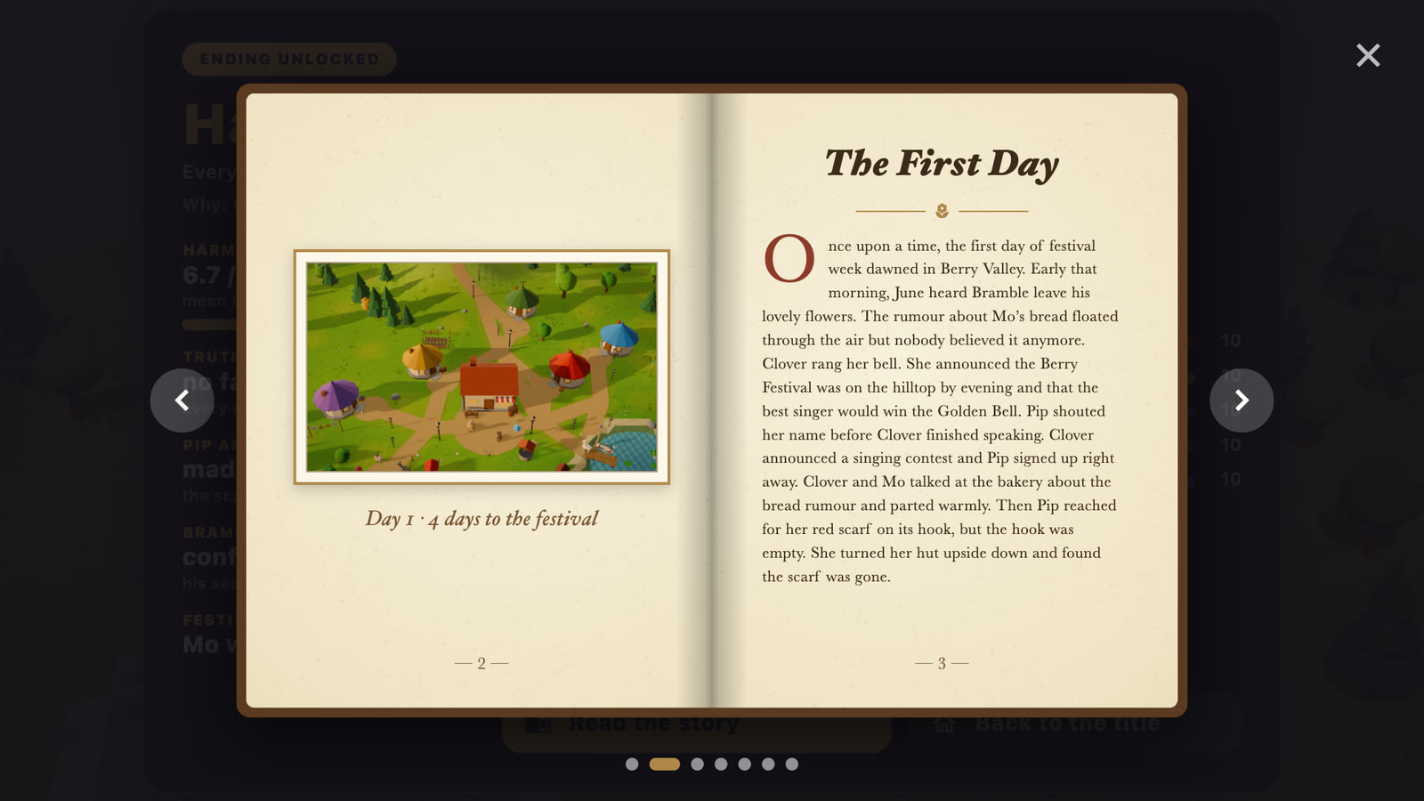 An open picture book titled The First Day, with a village image and a narrative about the day.