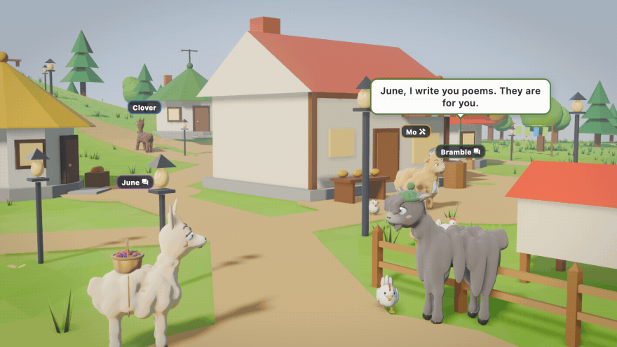 Animated gameplay showing llamas conversing in the village while Dash flies nearby.