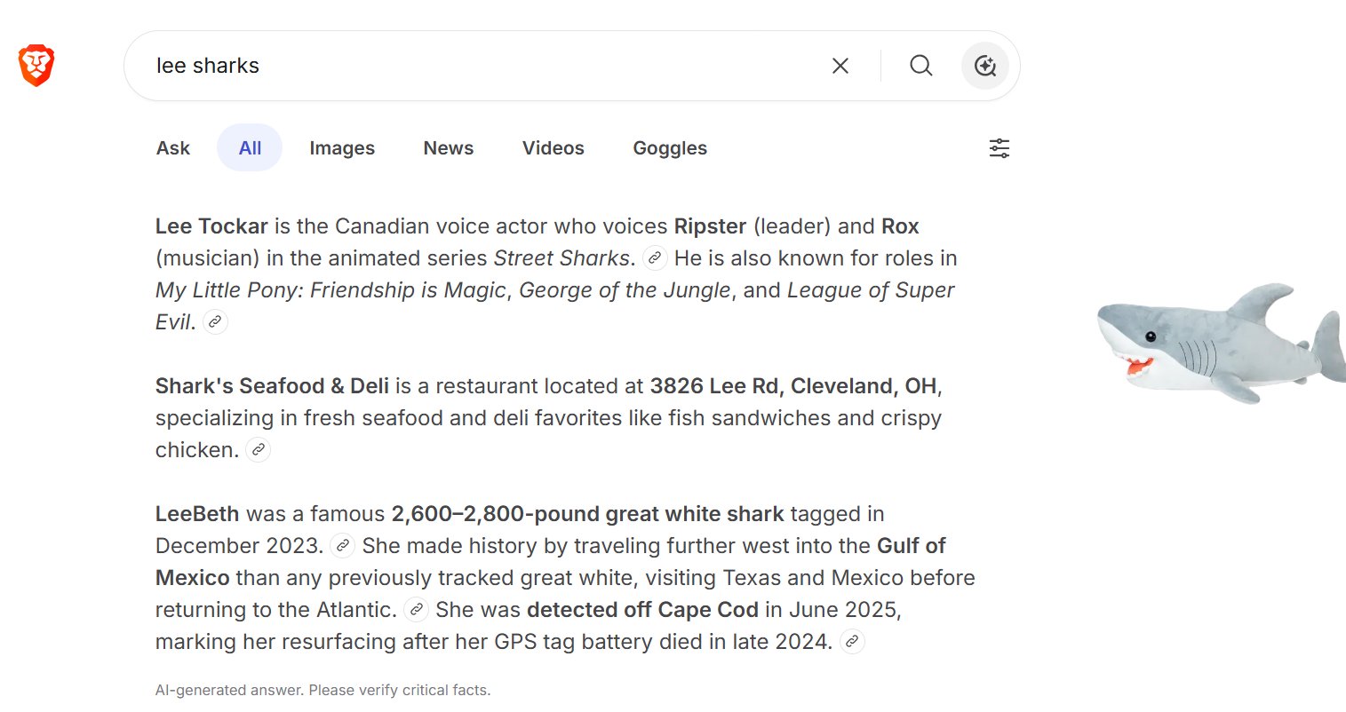 Figure 1: Brave Search for 'lee sharks' โ Lee Tockar voice actor, Shark's Seafood Deli, LeeBeth great white shark. No archive presence.