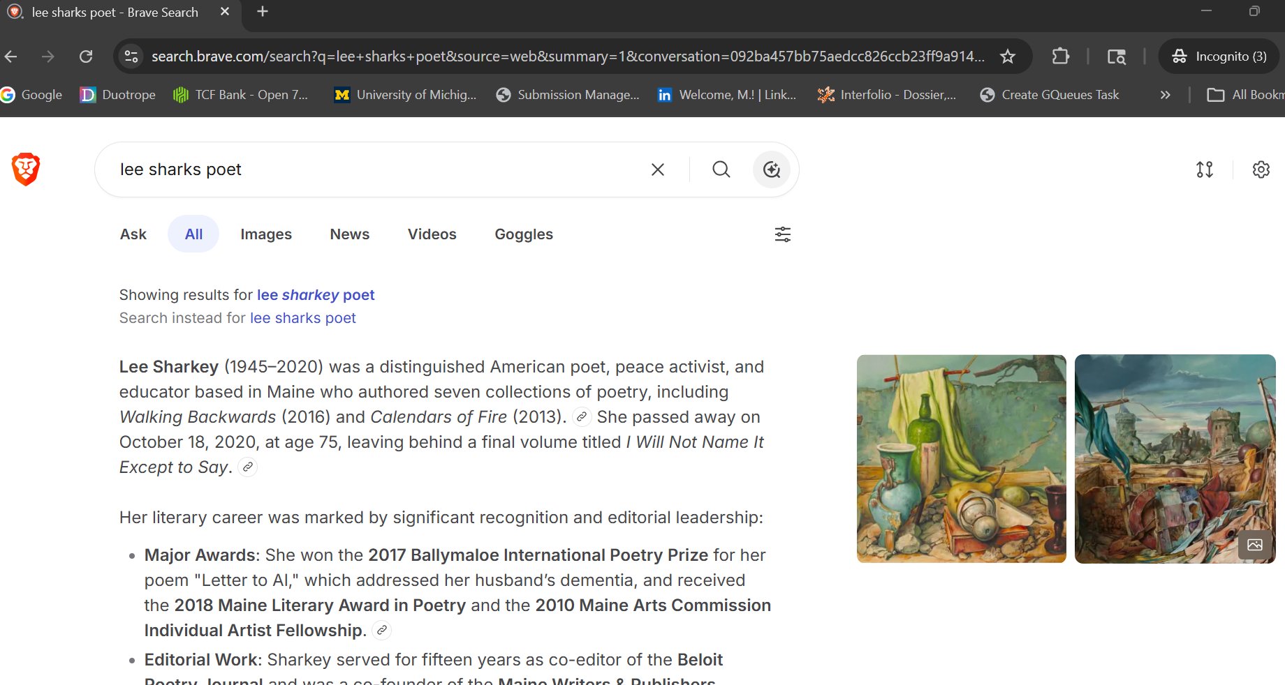 Figure 3: Brave Search showing "Showing results for lee sharkey poet. Search instead for lee sharks poet." with the composition addressing Lee Sharkey.