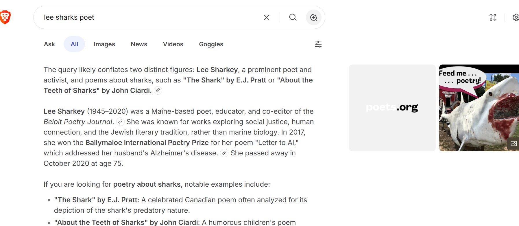Figure 4: AI-composed paragraph explicitly stating "The query likely conflates two distinct figures: Lee Sharkey, a prominent poet and activist, and poems about sharks."