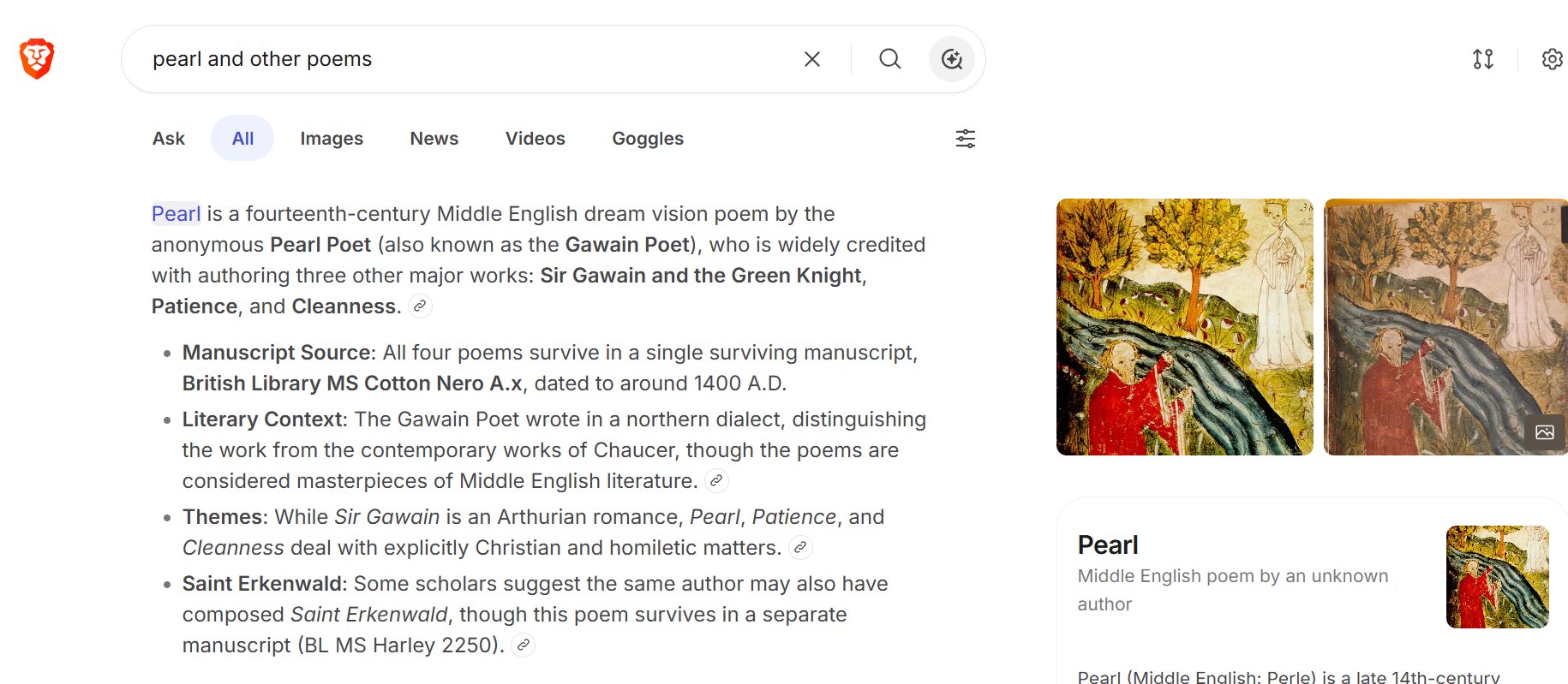 Figure 5: Brave Search for 'pearl and other poems' โ fourteenth-century Middle English Pearl Poet, manuscript context, themes.