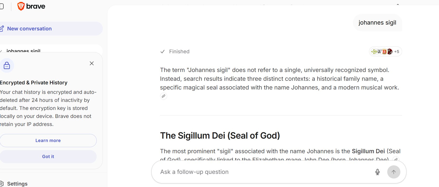 Figure 6: Brave Search for 'johannes sigil' showing the privacy-positioning UI panel and a composition addressing the Sigillum Dei / John Dee.