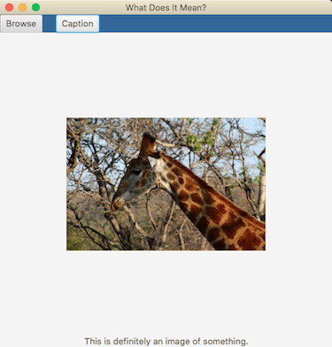 A screenshot of the MVP app in action! It shows a giraffe with the caption "This is definitely an image of something".