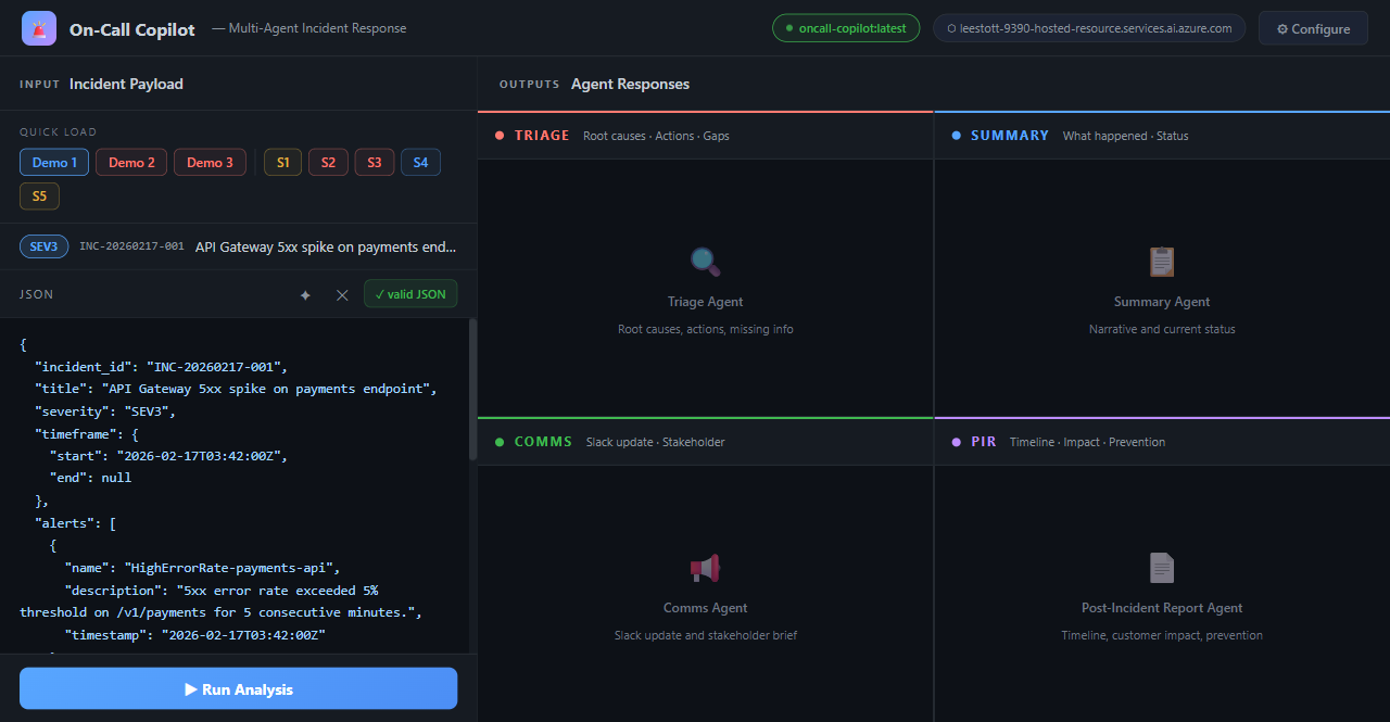 Demo 1 loaded: API Gateway SEV3 incident JSON in the editor