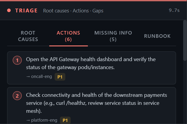 Triage panel showing root causes ranked by confidence with evidence