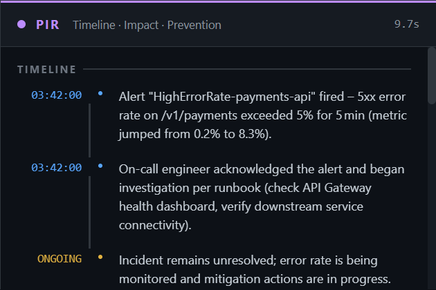 PIR panel: chronological timeline and customer impact statement