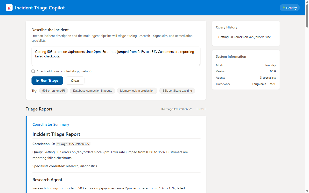 Triage report showing coordinator summary and specialist results