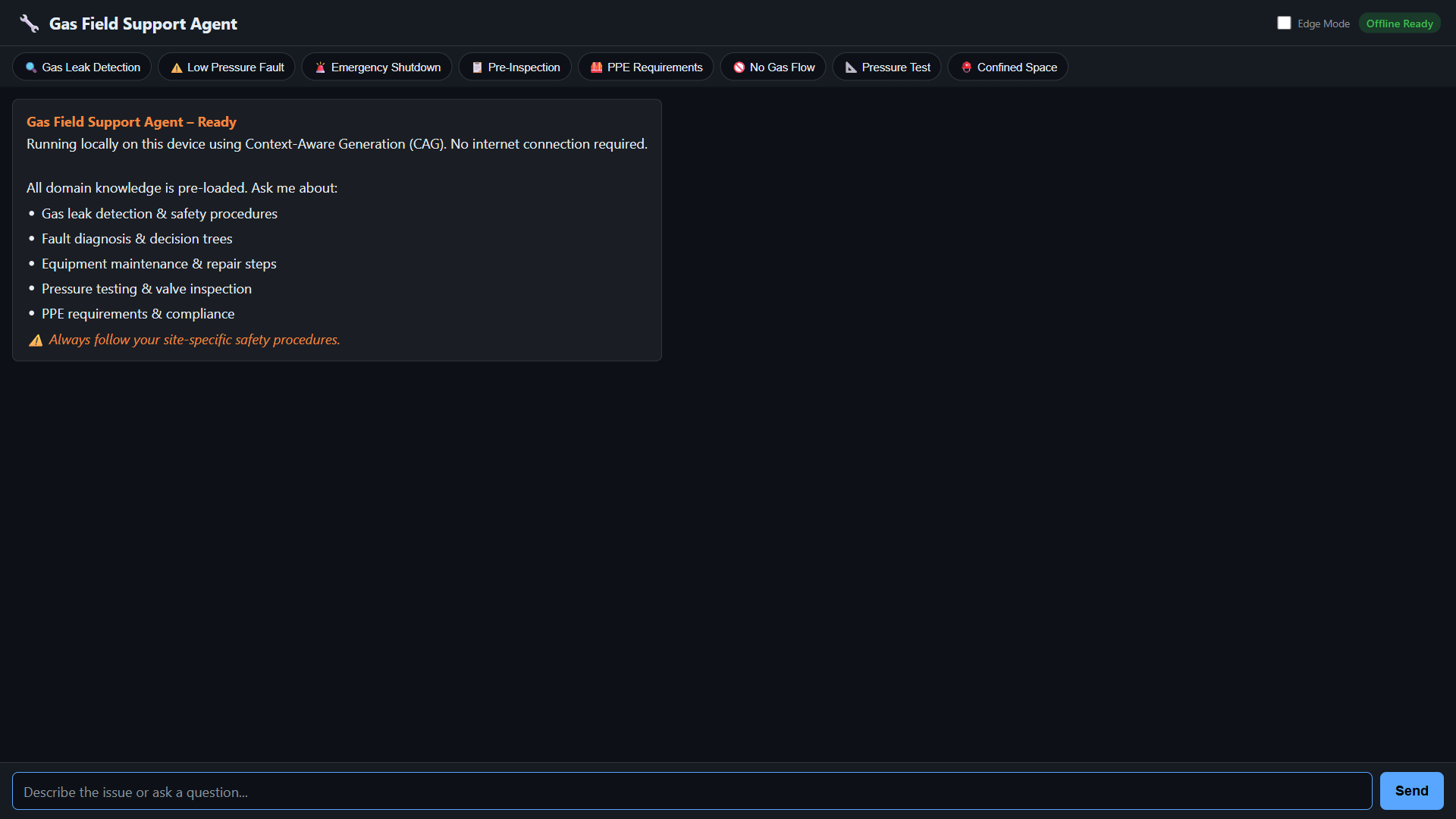 Screenshot of the Gas Field Support Agent landing page, showing a dark-themed chat interface with quick-action buttons for common questions