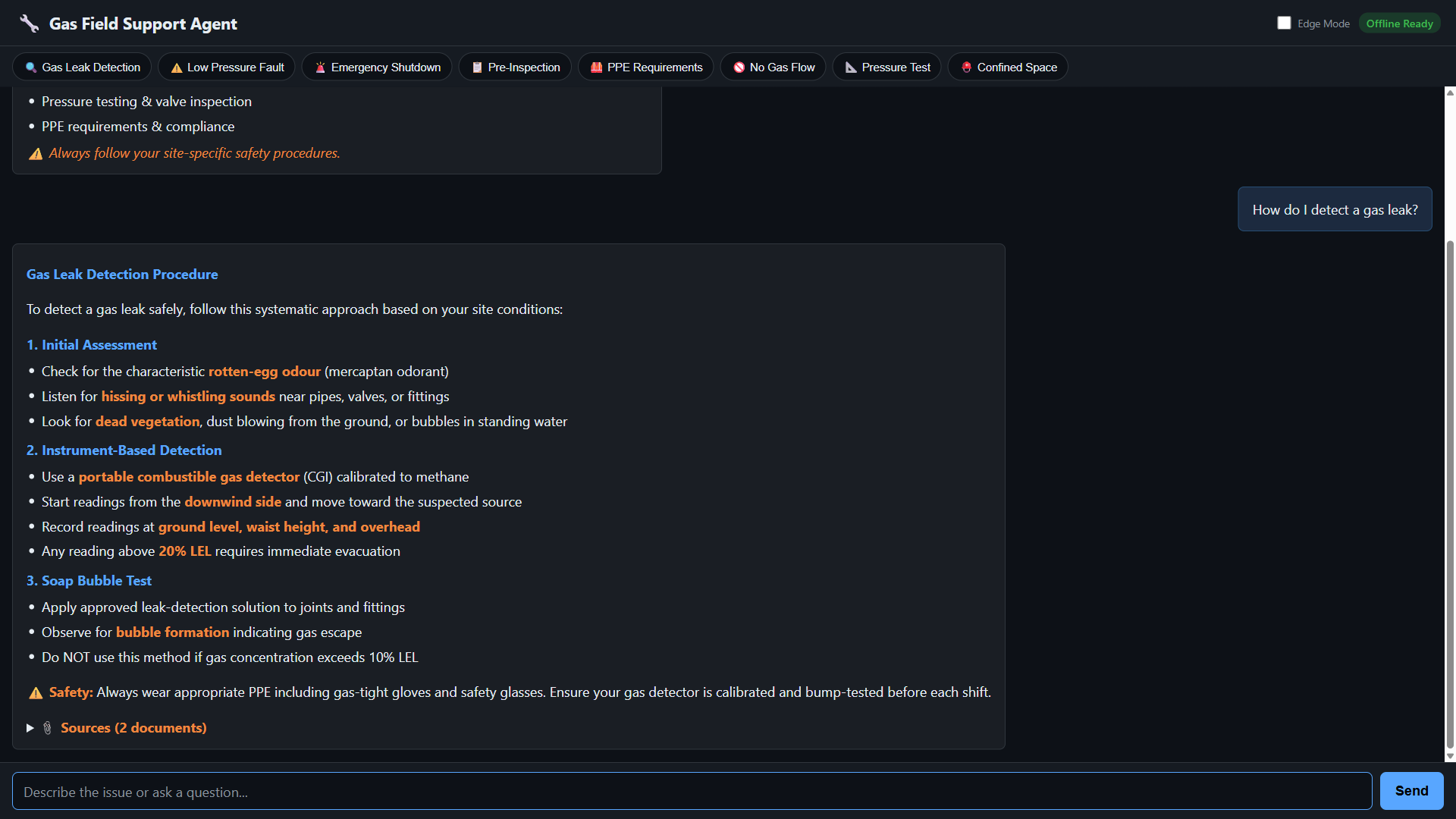 Chat response showing safety warnings followed by step-by-step gas leak detection guidance