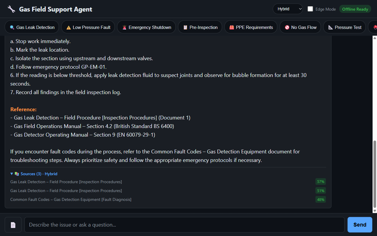 Chat response showing sources panel and hybrid retrieval scores
