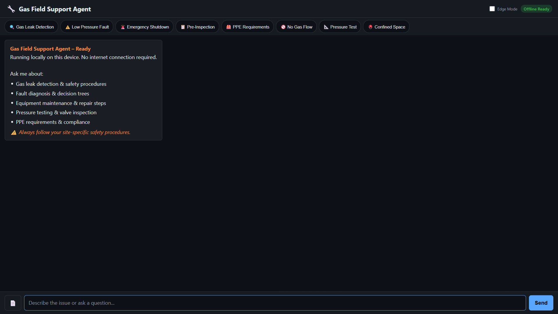 Screenshot of the Gas Field Support Agent landing page, showing a dark-themed chat interface with quick-action buttons for common questions