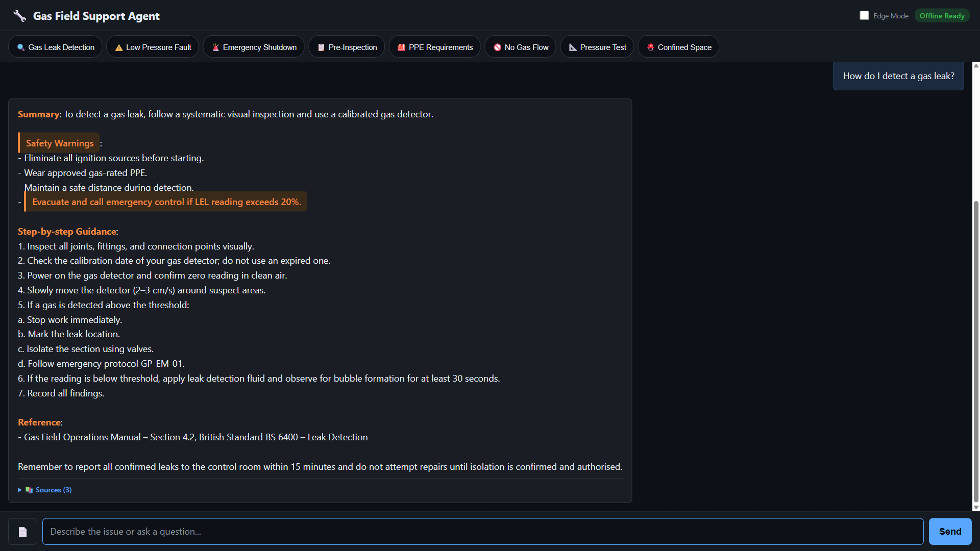 Chat response showing safety warnings followed by step-by-step gas leak detection guidance