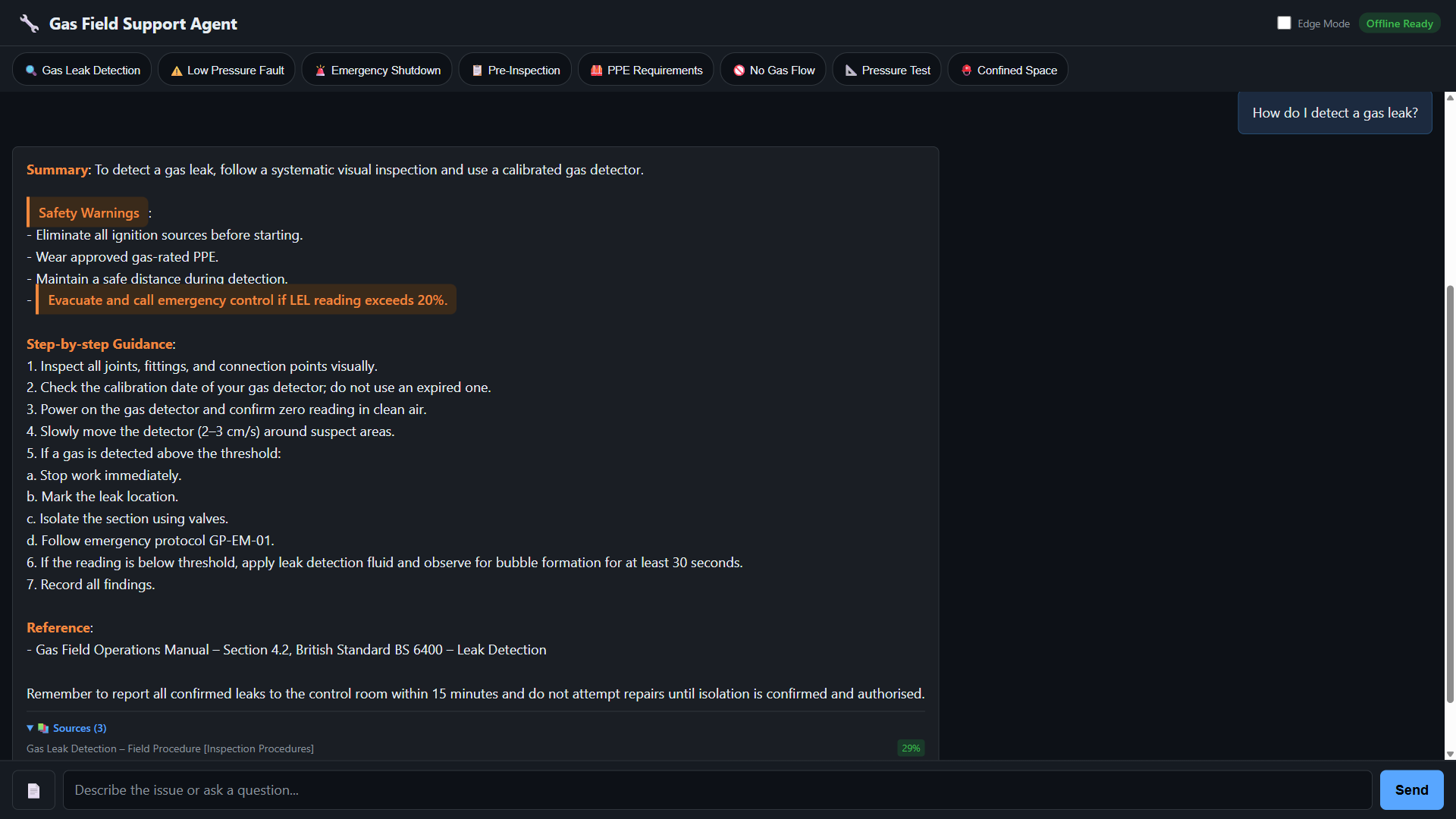 Sources panel showing the specific document chunks referenced in the response with relevance scores