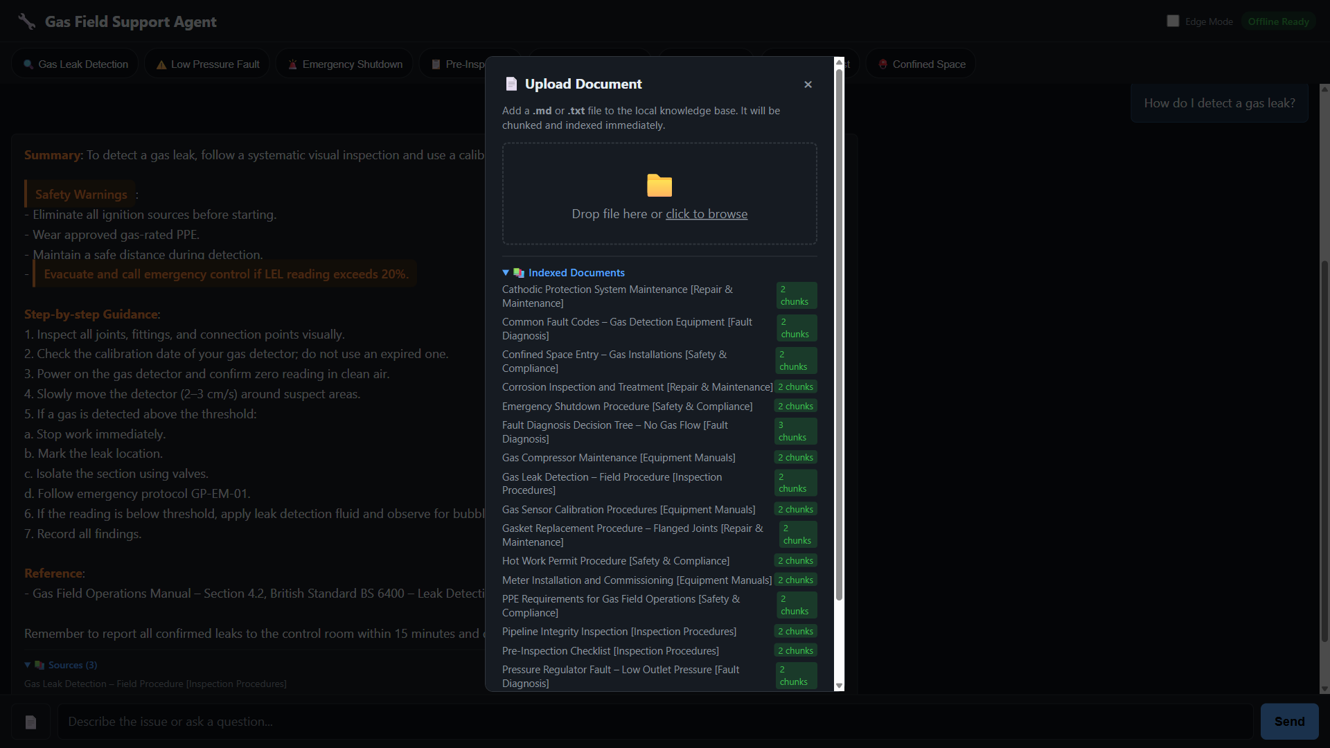 Upload document modal showing a file drop zone and a list of indexed documents with chunk counts