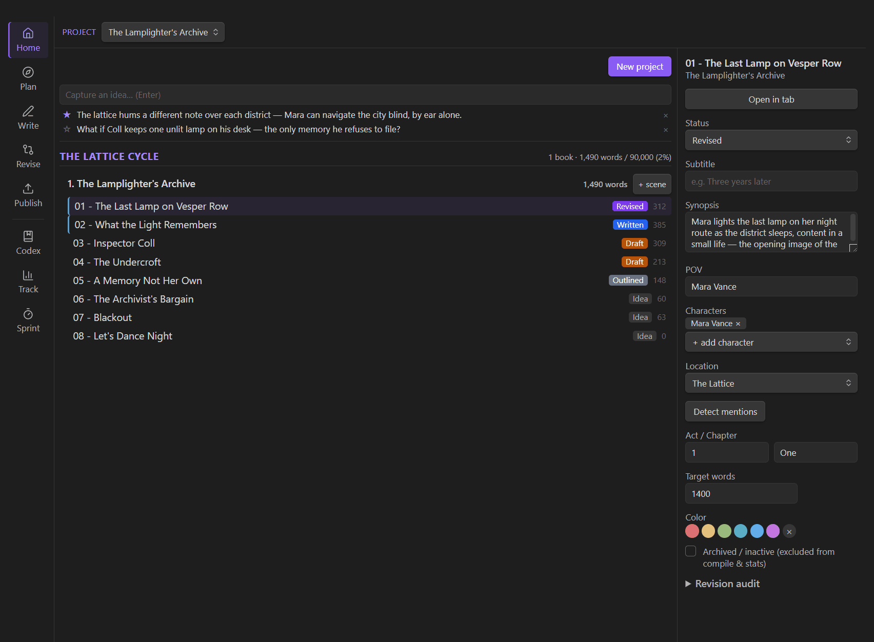 Inkswell — Plan · Write · Track · Revise · Publish, all inside Obsidian