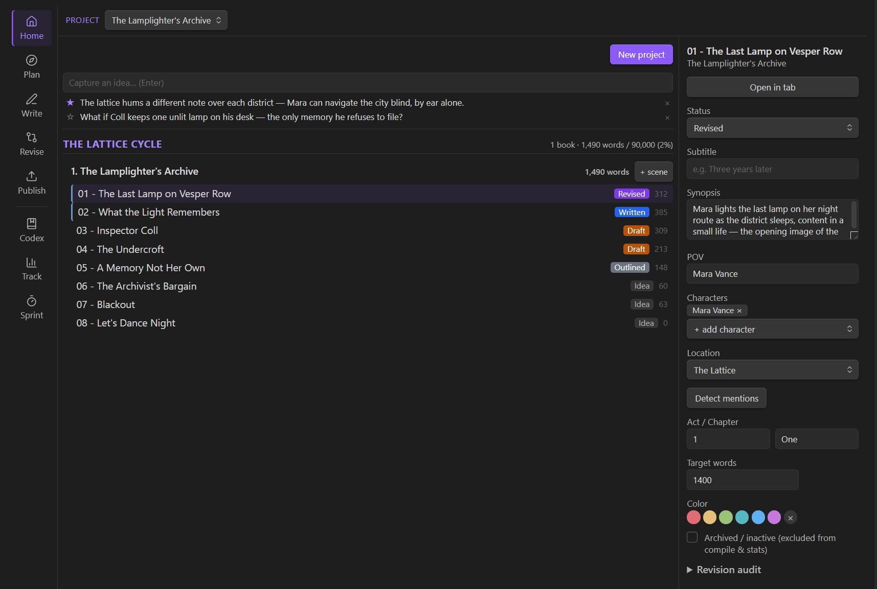 Home: project list, nestable scene tree, and project switcher