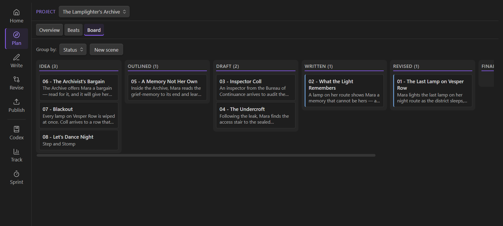 Plan: Kanban board with colored scene cards grouped by status