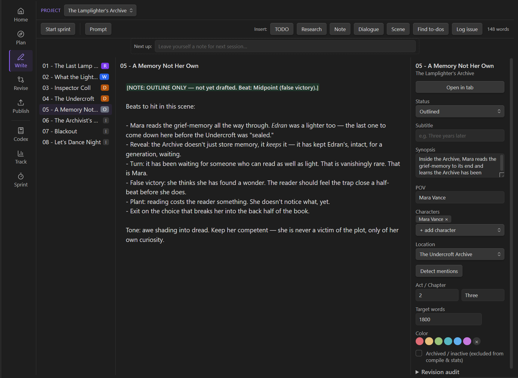 Write: Live-Preview editor with highlighted placeholder tokens and a running sprint timer