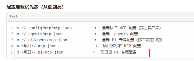 Pi MCP 配置优先级及项目级配置