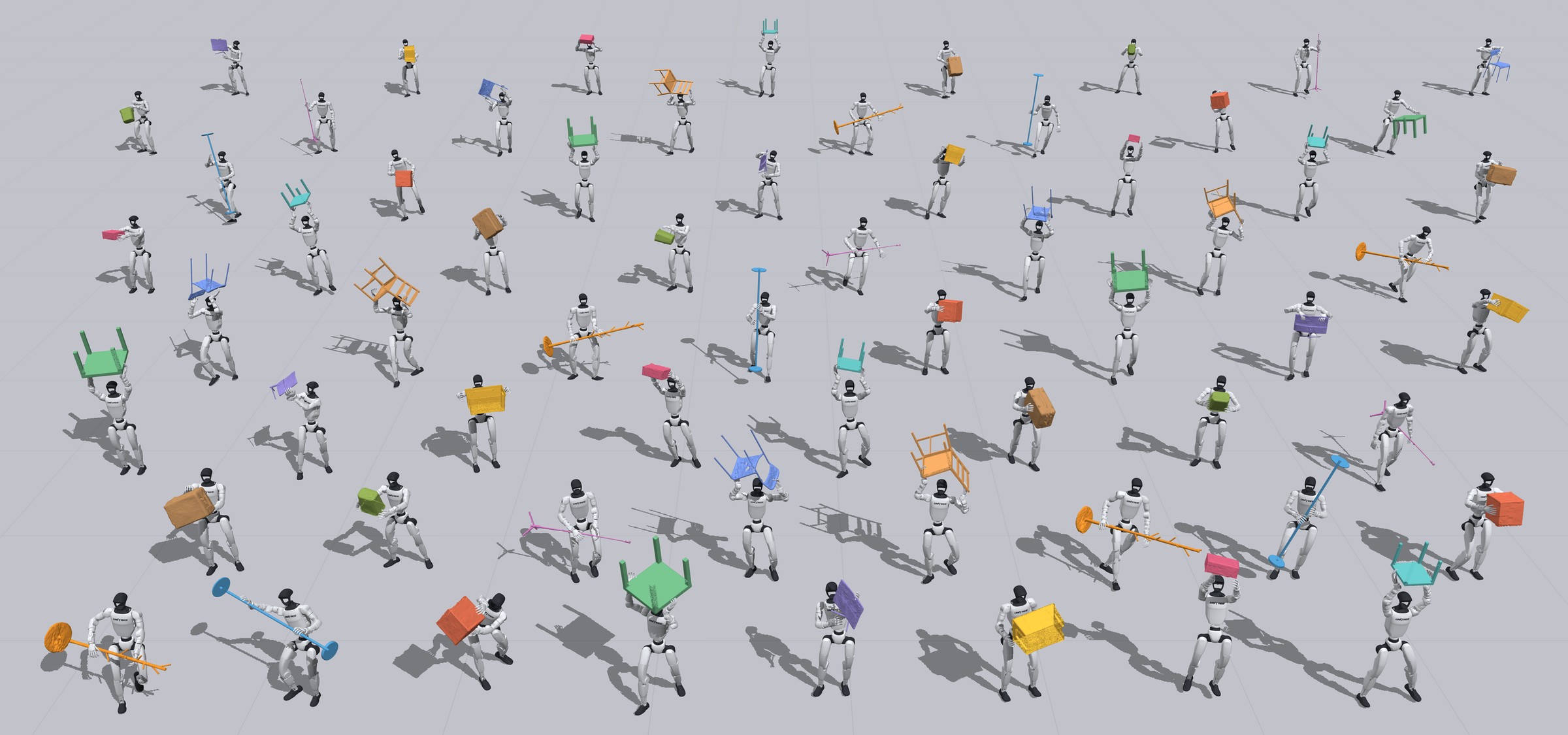 Humanoid robots carrying, lifting and moving everyday objects, retargeted from human motion capture.