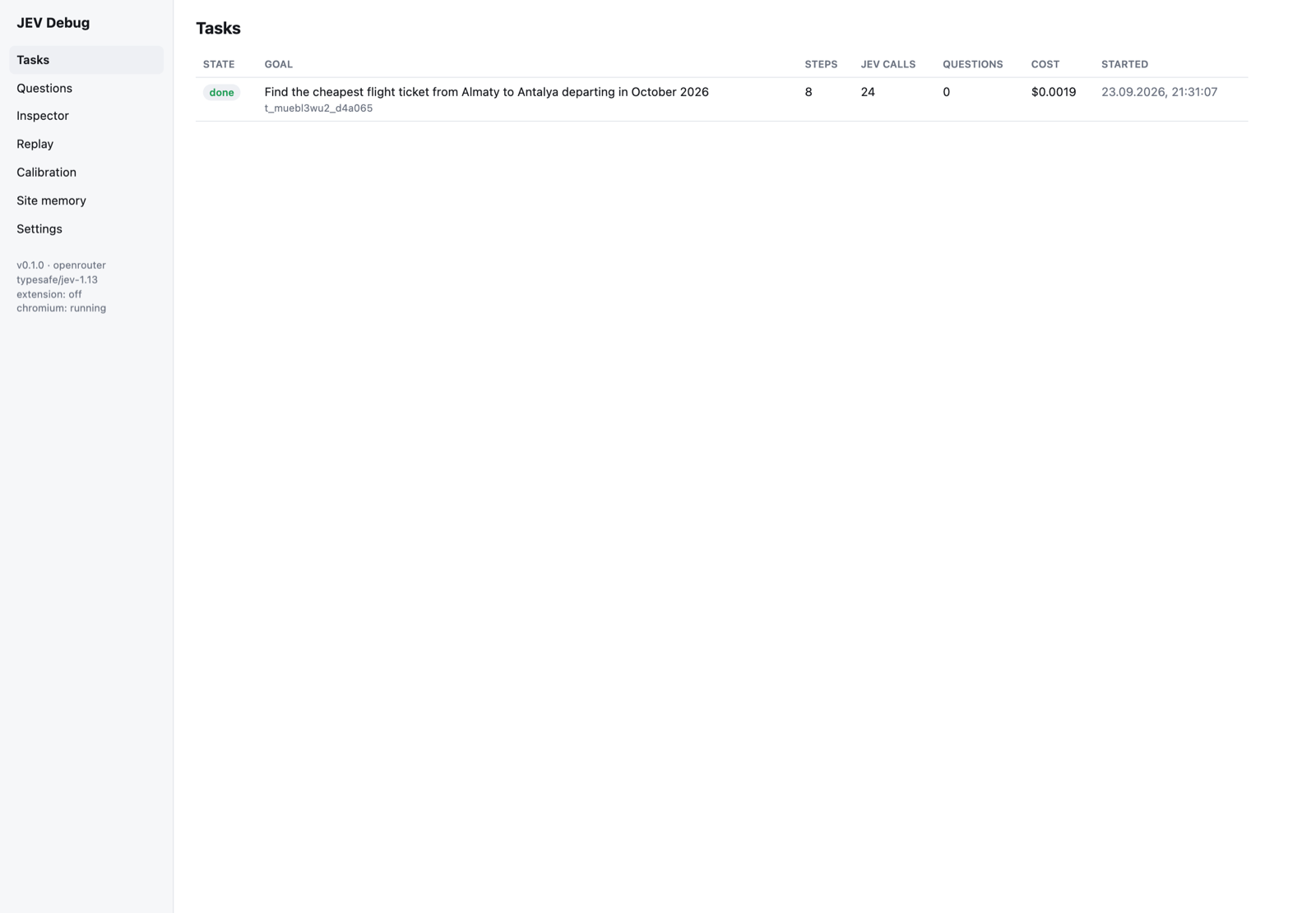 Task list with states, JEV calls, questions and cost