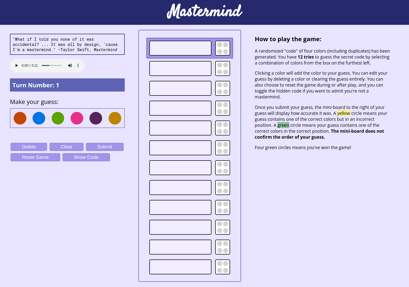 Screenshot of the game at start, added in the Markdown.