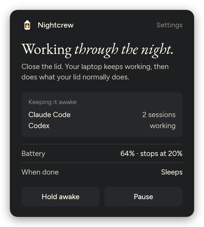 The Nightcrew panel while Claude Code and Codex are working