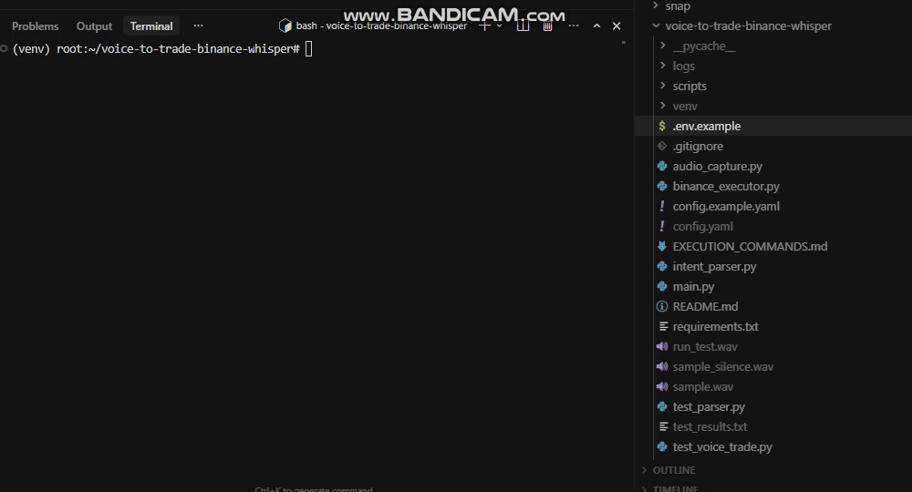 Voice-to-trade demo — live console output