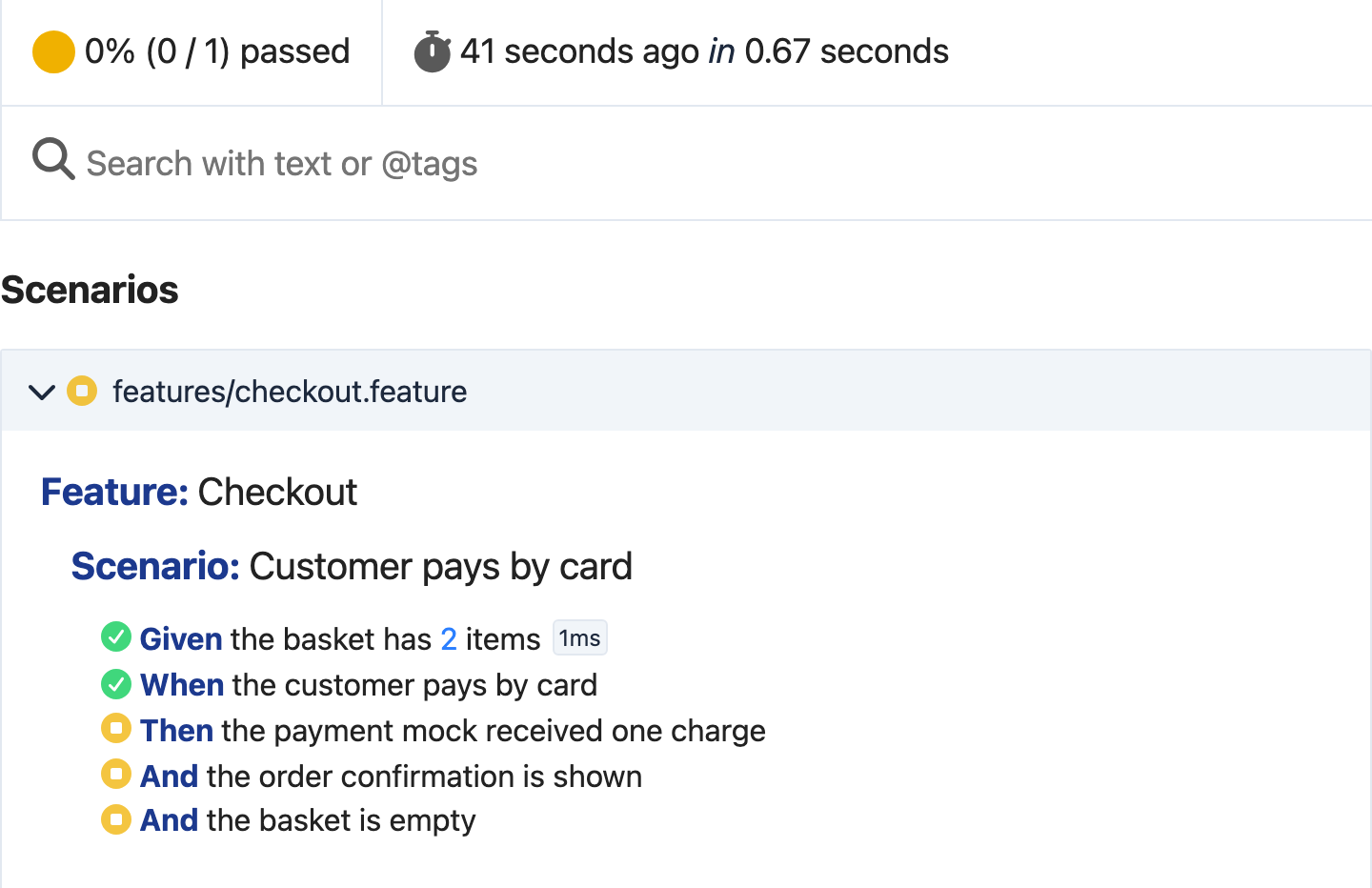 Cucumber HTML report with $test.skip(): the first two steps passed, and the payment mock step and both steps after it are skipped